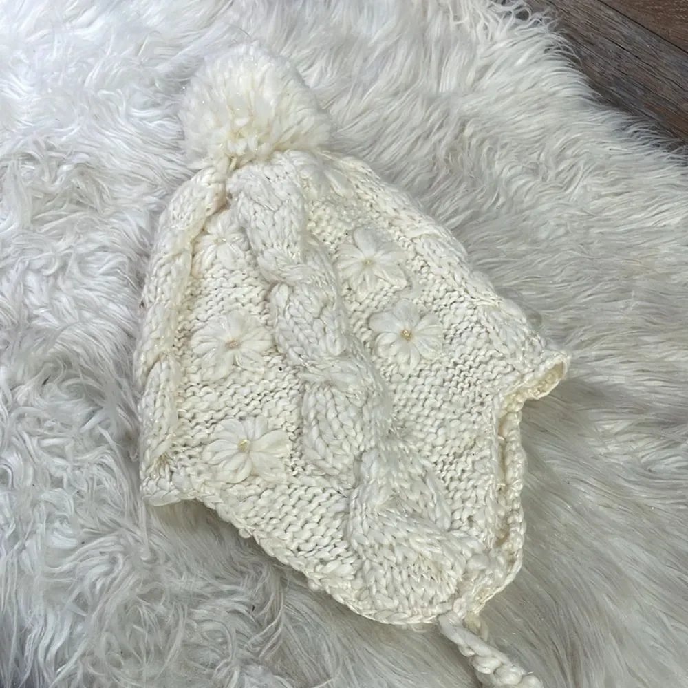 Knitted Ear Flap Beanie Youth Hat , Youth Size 8-16, Off White